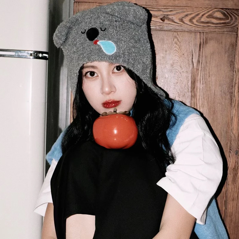 赵昭仪同款可爱小熊帽子女秋冬卡通百搭绑带护耳帽保暖针织毛线帽