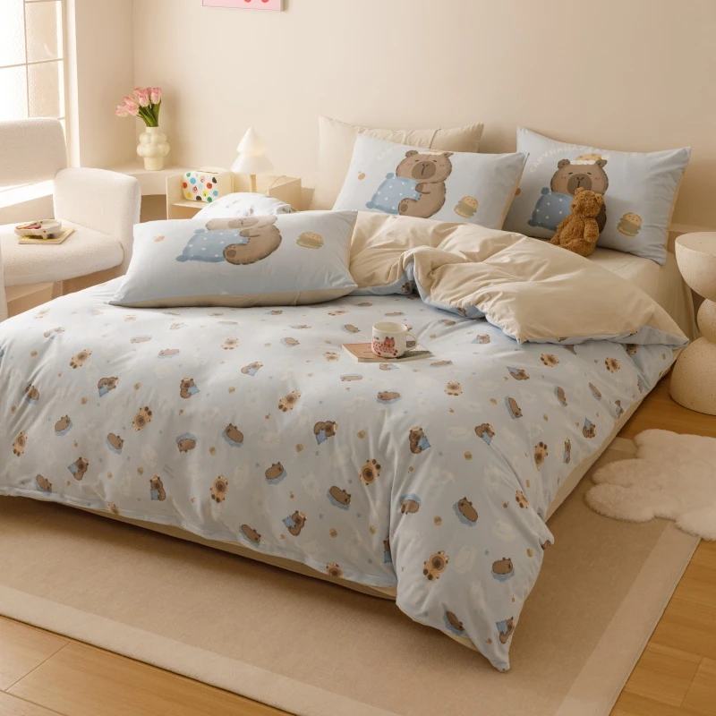 【晴美】热肤膜羽零绒数码印花四件套-萌宠乐园系列-卡皮巴拉-蓝色