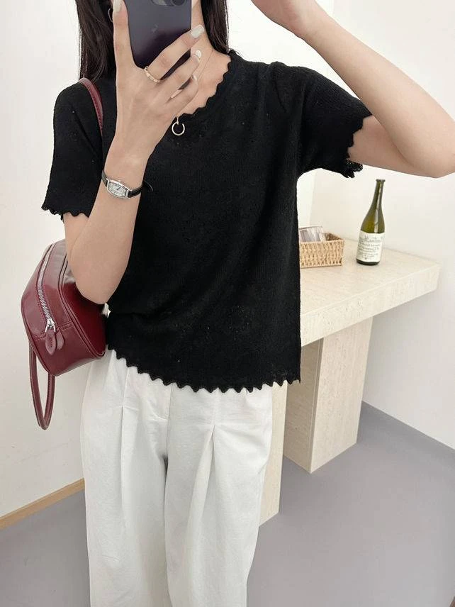 夏季爆款宽松显瘦圆领短袖针织衫洋气百搭薄款上衣 1779