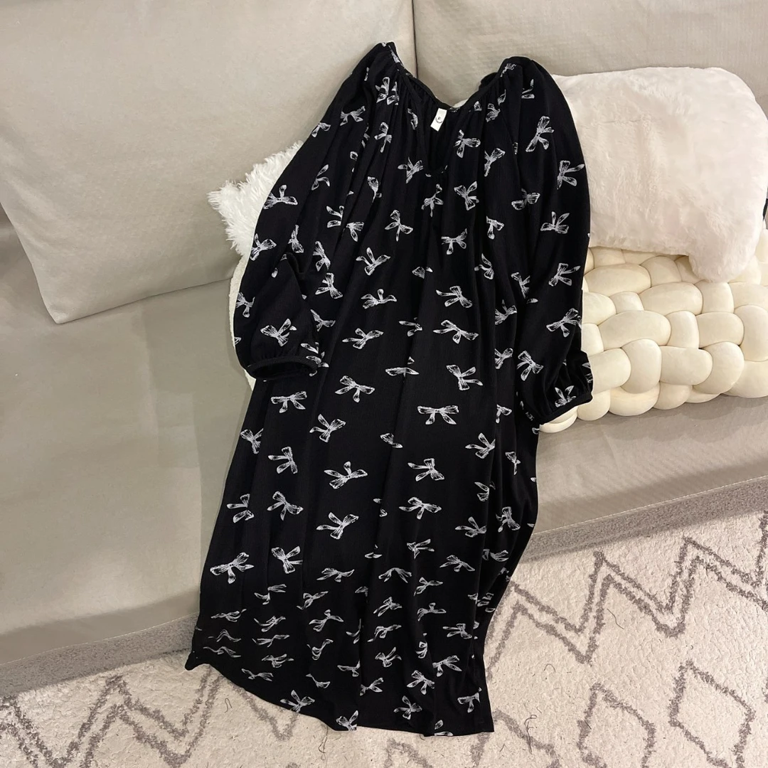 睡衣女夏季半袖短袖睡裙凉感大码网红风薄款可外穿黑色领结家居服