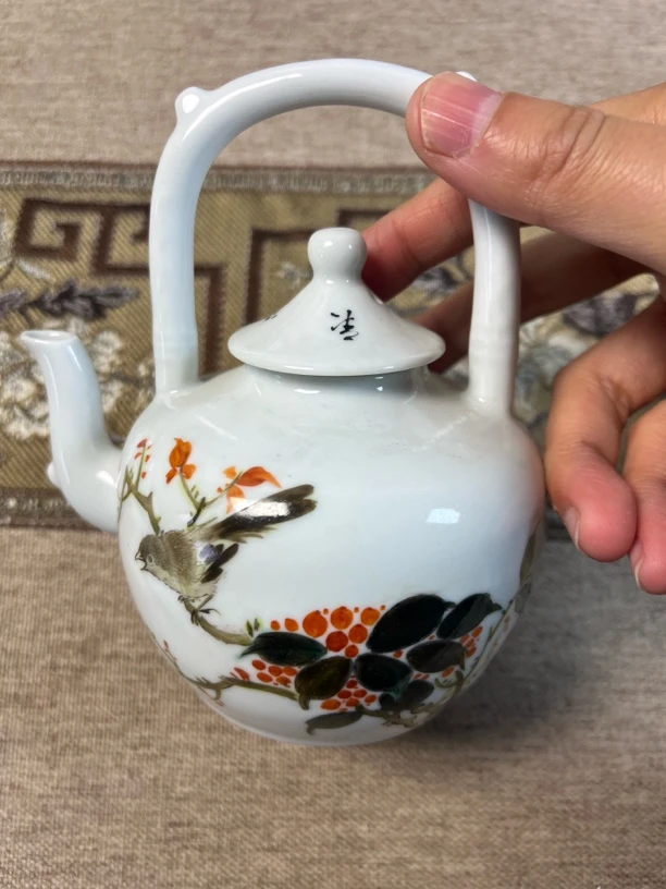 景德镇陶瓷手绘粉彩花鸟提梁壶茶壶