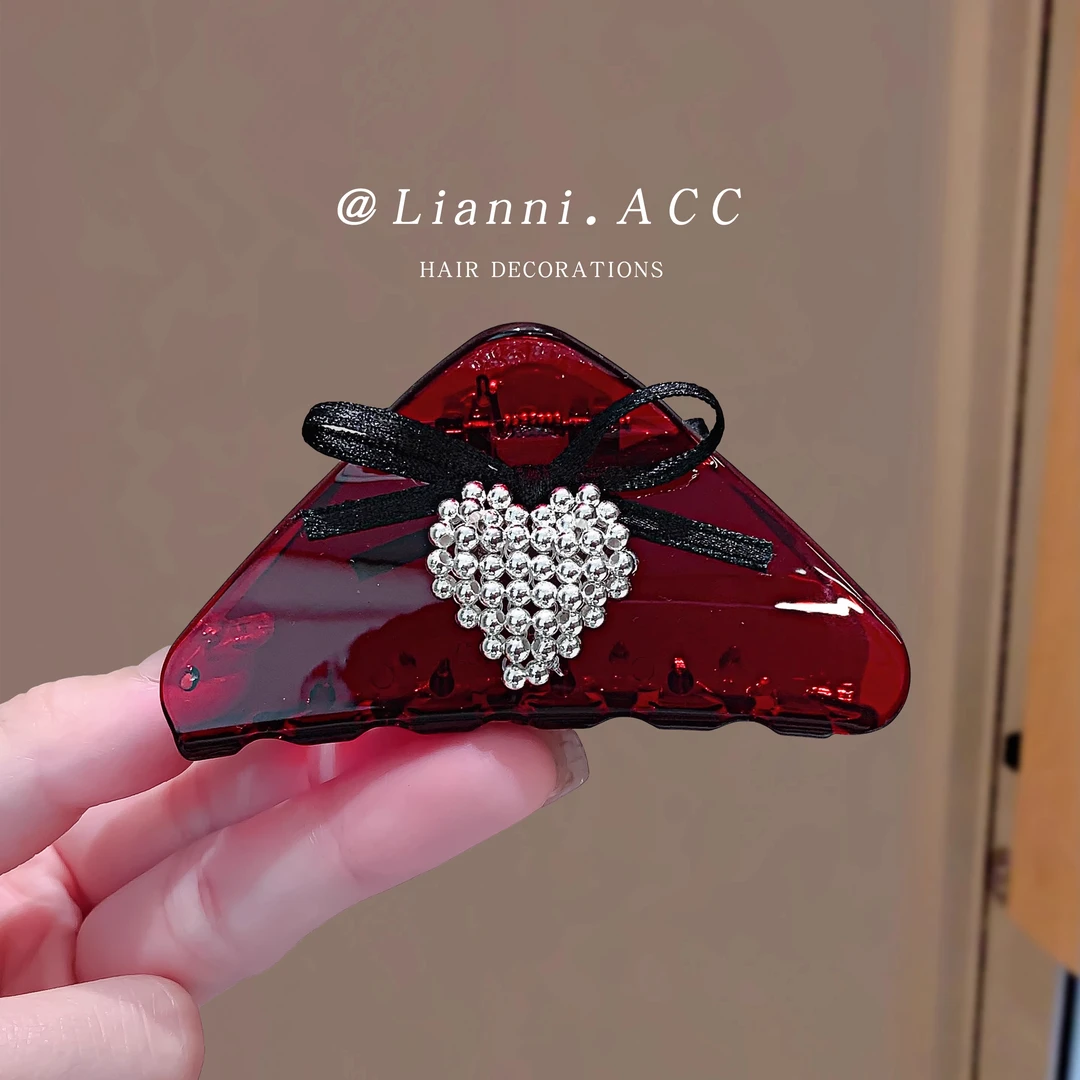 夏日酒红色甜酷三角小抓夹后脑勺盘发发抓蝴蝶结爱心鲨鱼夹子发饰