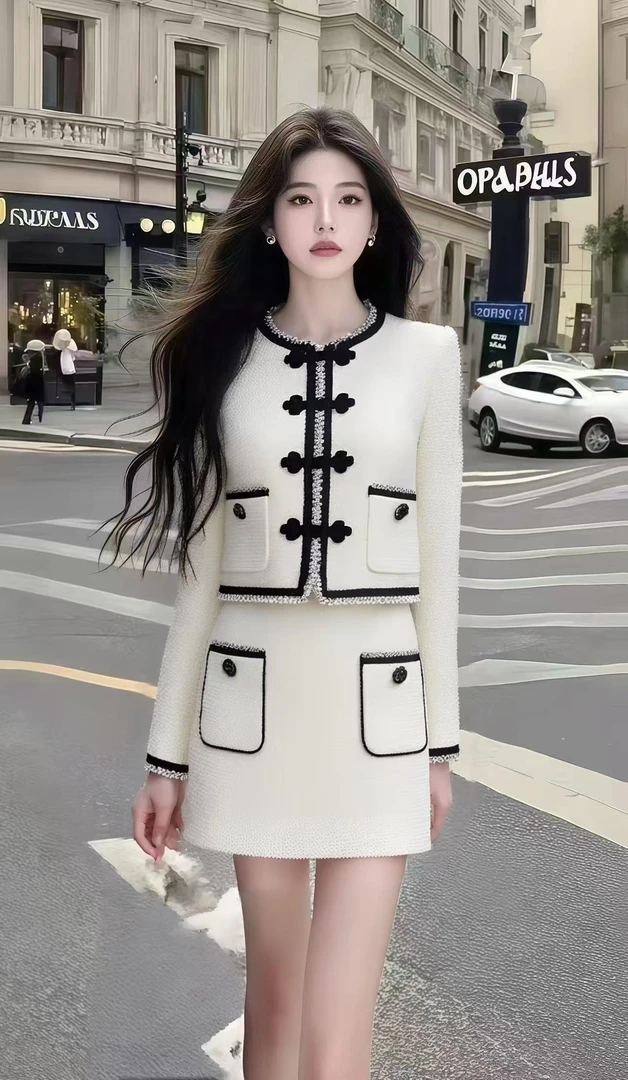 法式时尚小香风米白色圆领长袖系扣上衣+百搭显瘦半身裙女两件套