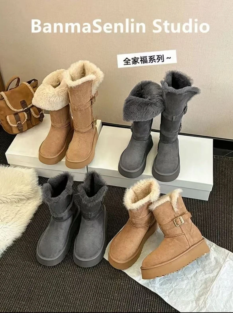 高筒灰色雪地靴女2025冬季新款厚底加绒加厚中长筒雪地棉靴子棉鞋