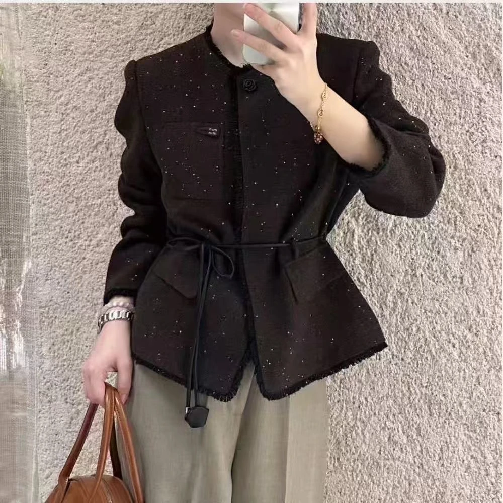 Q4337 腰带收腰小香风短外套 亮片设计 秋冬出街优雅时尚单品