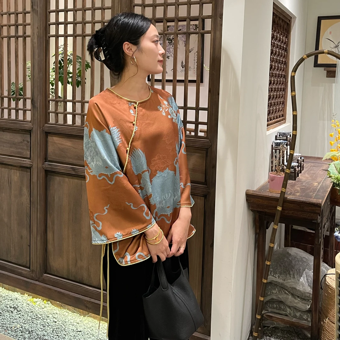 新中式盘扣圆领斜襟复古改良唐装轻奢高级感长袖上衣