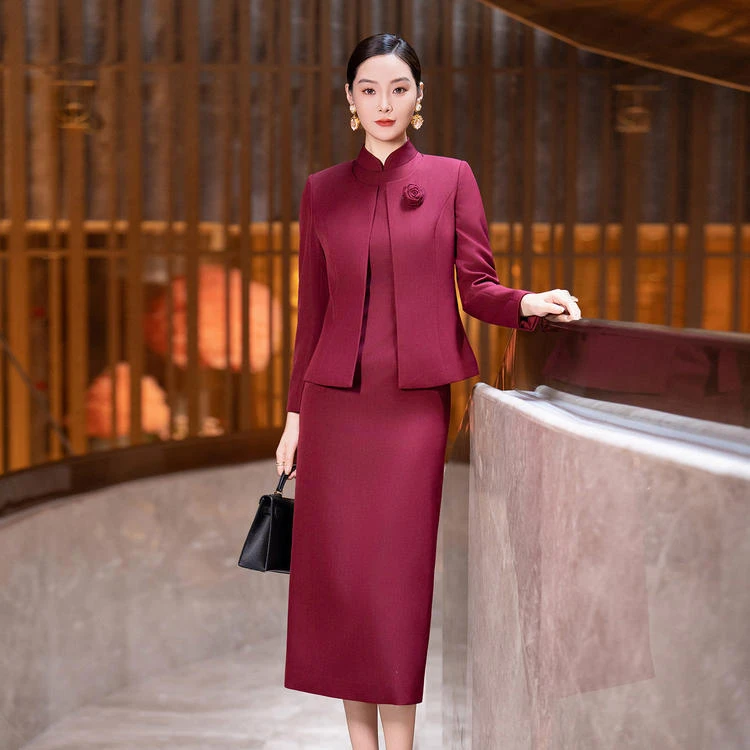 胭脂晚装-2025秋季新品中国风改良旗袍酒红优雅套装