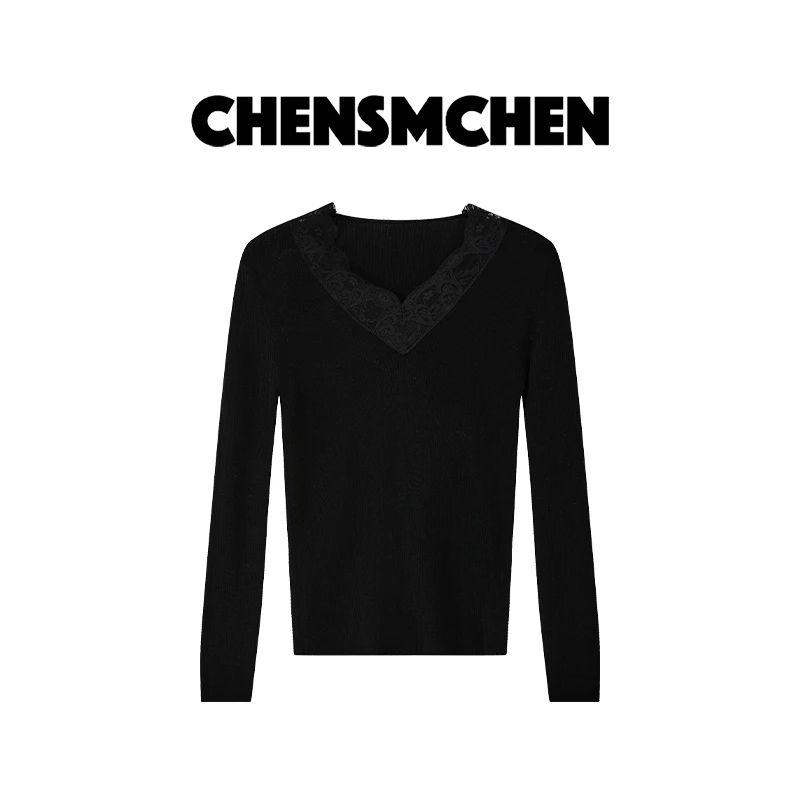 CHENSMCHEN 绵羊毛蕾丝拼接V领针织衫女时尚百搭打底衫CSZ7530TT