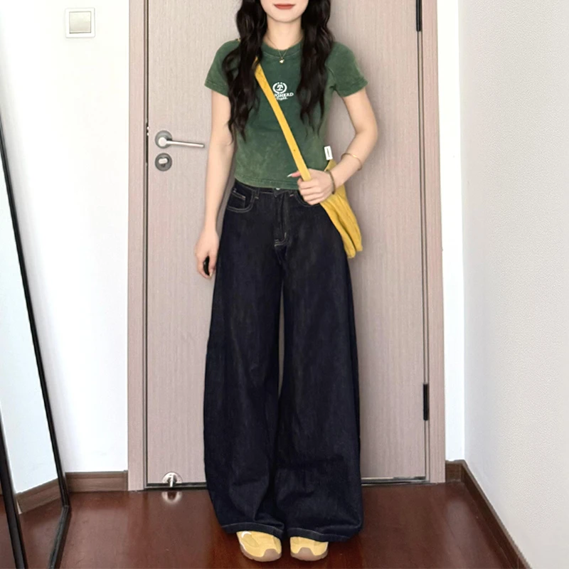 大码港风水洗深色高个子牛仔裤女夏季新款高腰垂感显瘦拖地阔腿裤