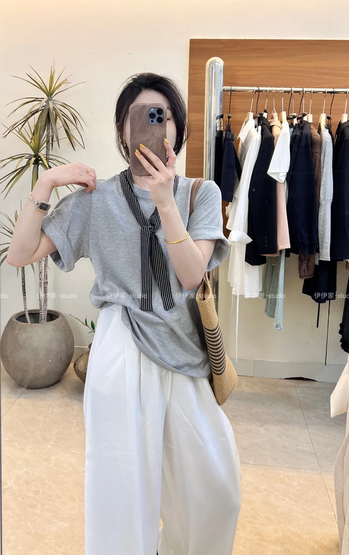 YYJ【小岛微风】春夏韩版设计感条纹丝巾极简百搭纯色T恤