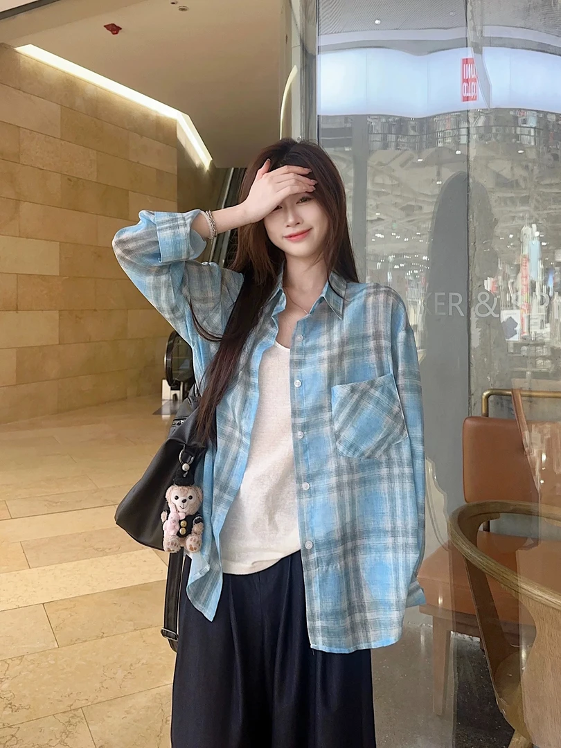 夏季新款撞色格子宽松休闲长袖衬衫韩版慵懒风百搭防晒衣093