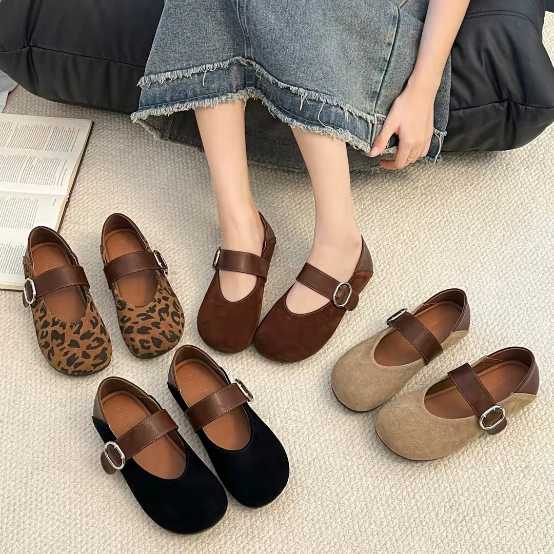 真皮内增高单鞋鞋子平底浅口圆头豹纹玛丽珍秋季软底豆豆鞋四季鞋