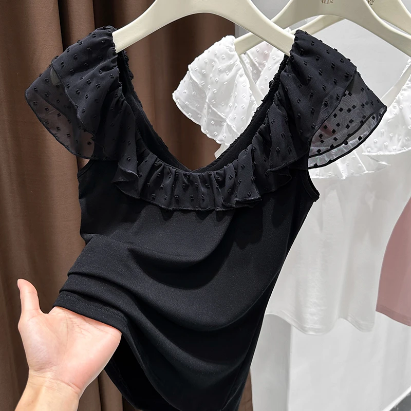 黑色甜辣收腰露锁骨低领t恤女夏季新款露背蕾丝荷叶边设计感上衣
