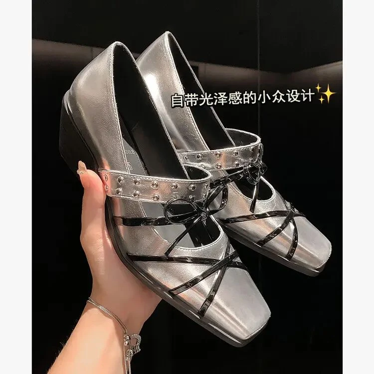 时尚银色~2025春季新款真皮低帮女鞋方头小皮鞋中高跟浅口单鞋女