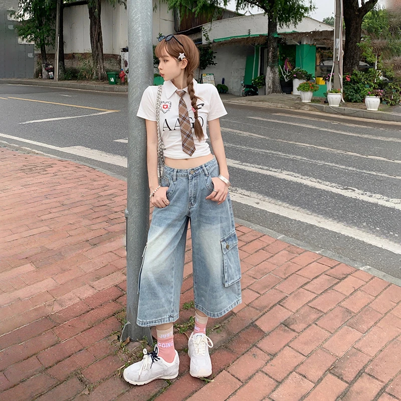 浅蓝阔腿牛仔裤女2025夏季新款高腰宽松显瘦直筒百搭工装七分中裤