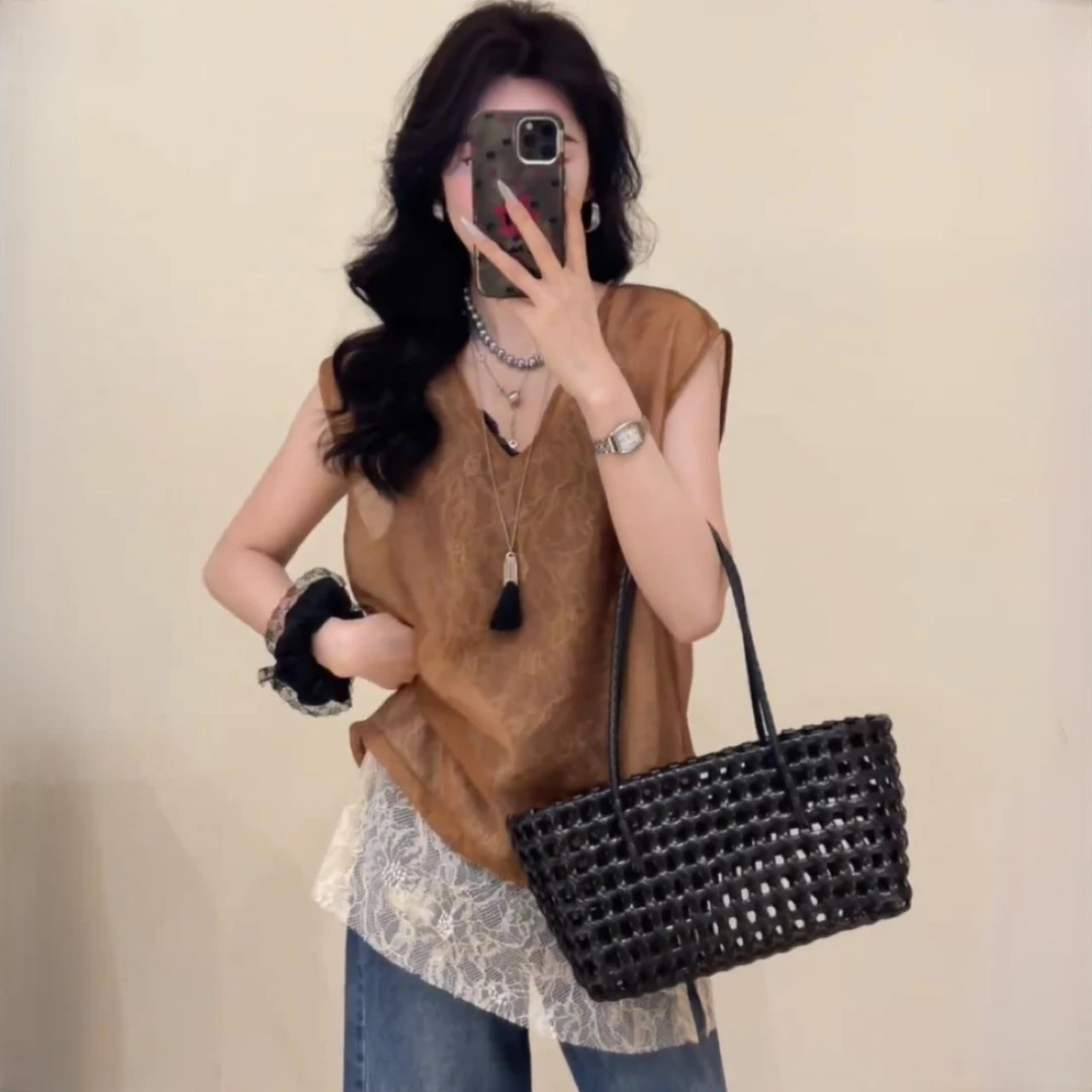 韩版夏季新款两面可穿慵懒风时尚洋气蕾丝拼接T恤衬衫叠穿上衣女