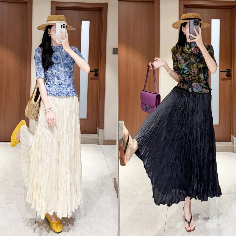 【韩女士穿搭】夏季新款手抓褶渐变褶皱上衣加气质A字半裙