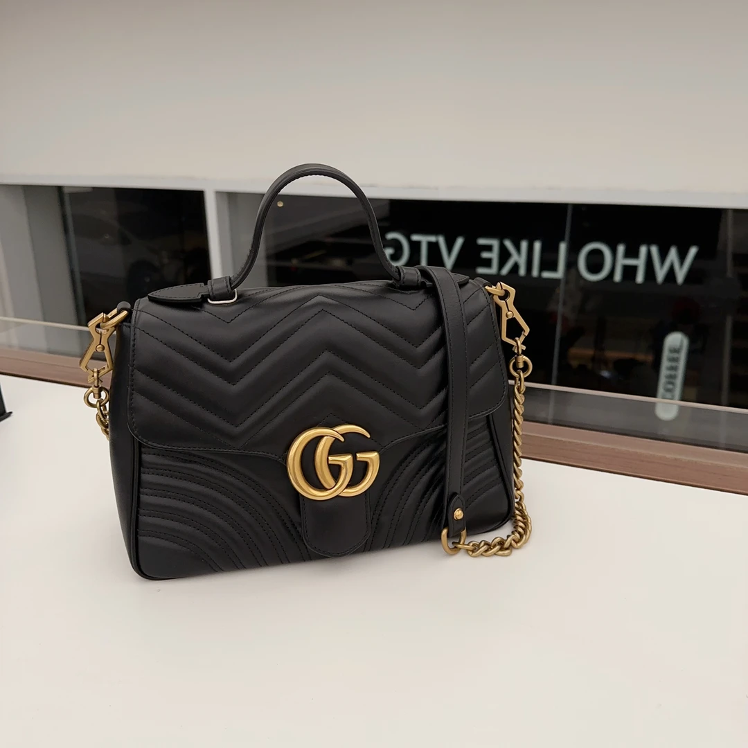 99新 GUCCI/古驰 黑金马蒙手柄邮差包黑色金扣斜挎手提包
