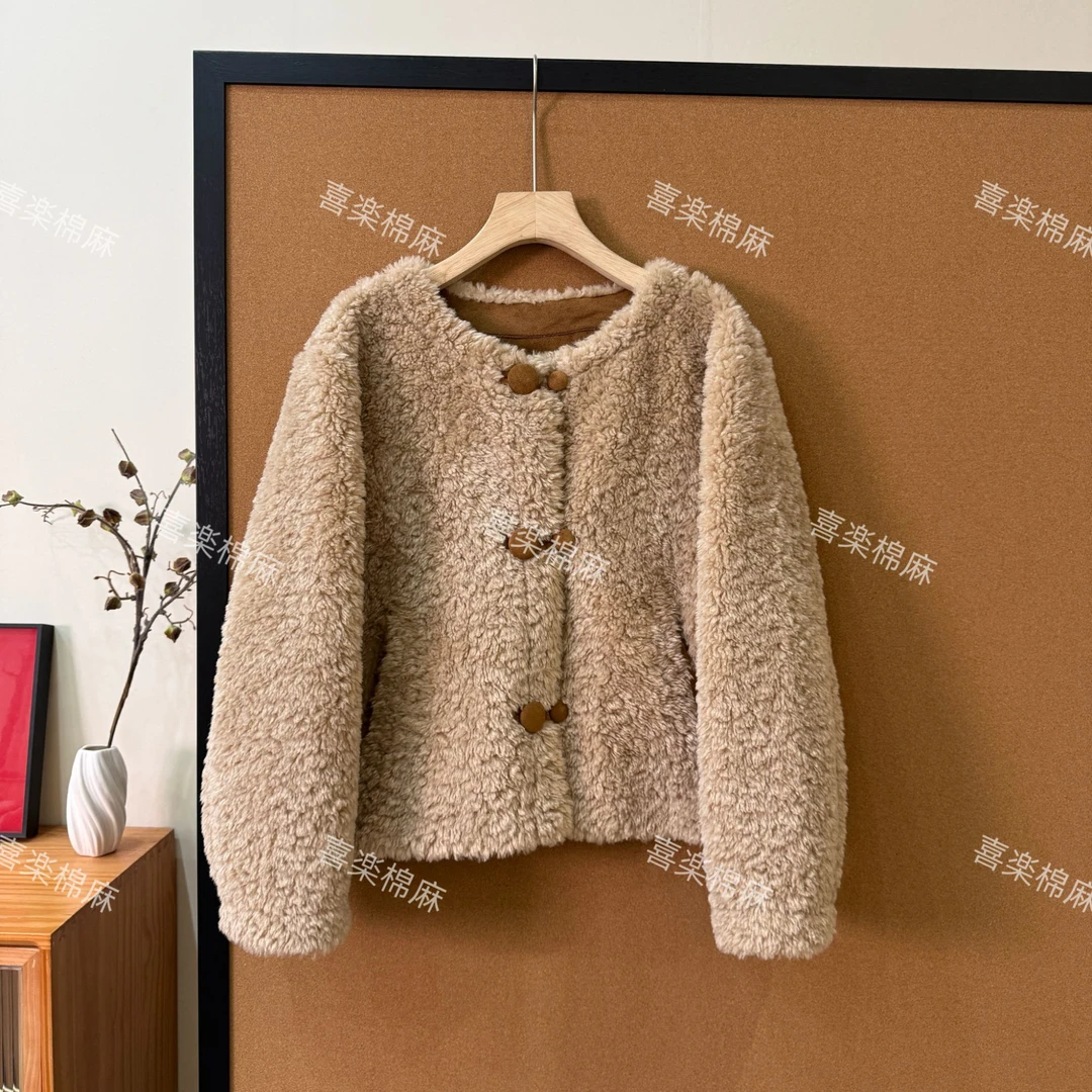 喜樂  2025圆领羔毛加厚皮毛一体圆领外套冬季新款时尚百搭简约女