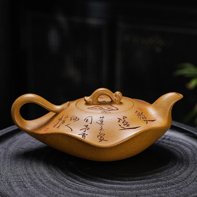 宜兴黄金段柴烧龙骨金砂荷叶爱莲壶 大容量中式纯手工家用紫砂壶