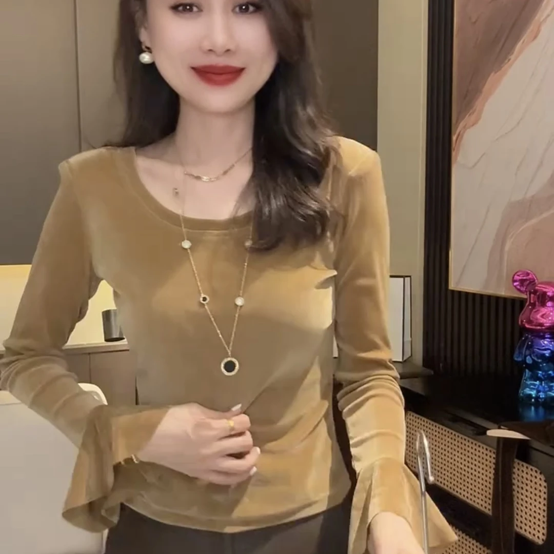 长袖T恤法式纯色喇叭袖ins打底衫蕾丝圆领拼接秋冬显瘦气质网红