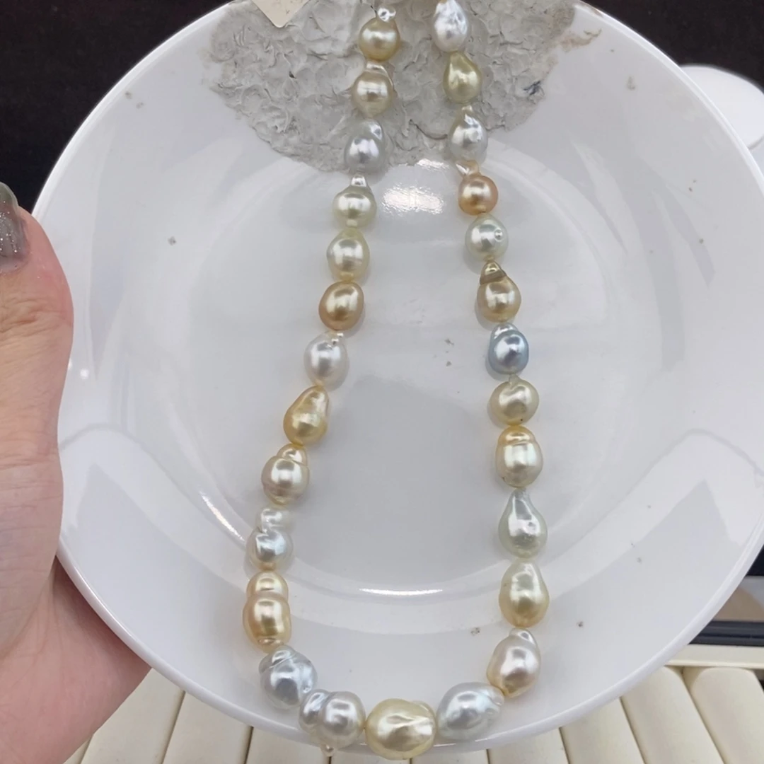 海水珍珠项链银S925镶嵌9-14/29颗 白金混彩