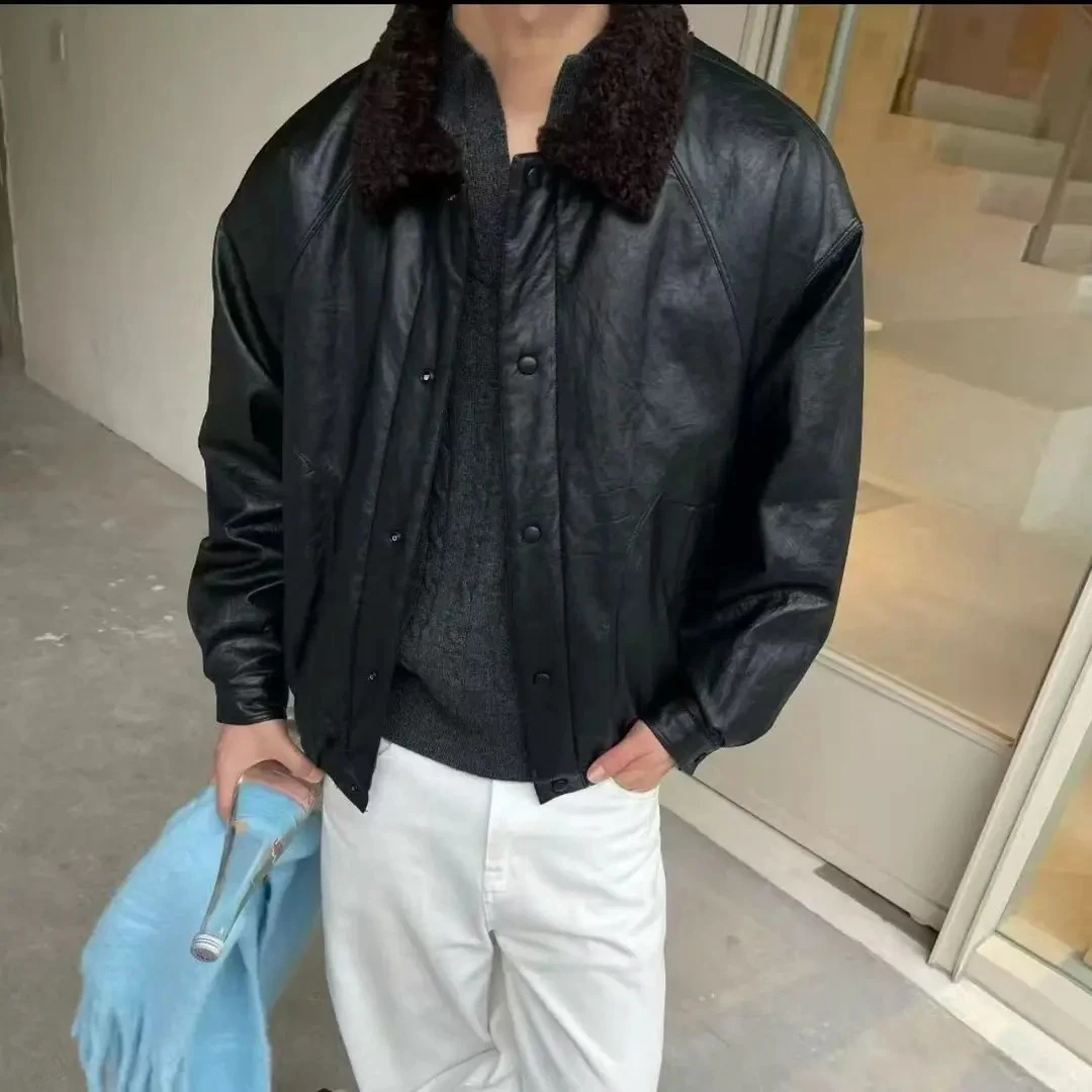 25-冬季新款纳帕软皮油腊皮皮毛一体老钱翻领夹克外套