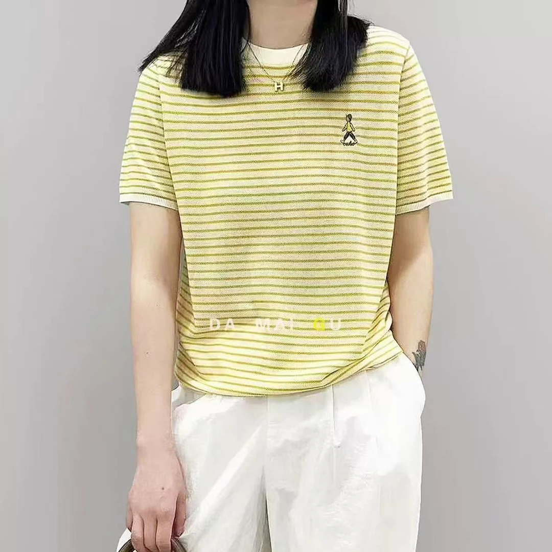 56717#新款刺绣条纹休闲时尚百搭潮流韩版夏季条纹春夏奶乖系简约