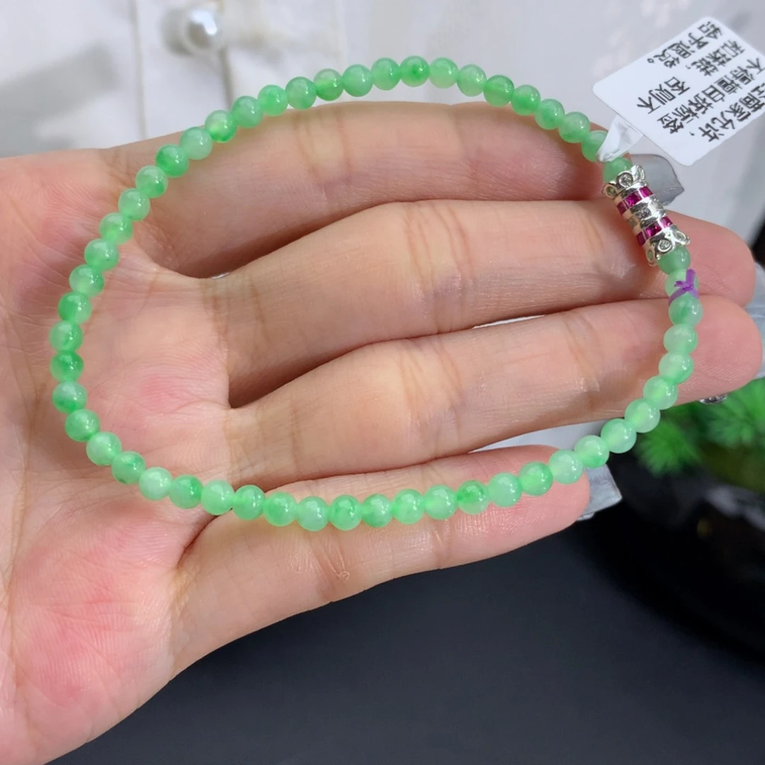 翡翠未镶嵌手串卡3.5冰胶甜绿飘花手串
