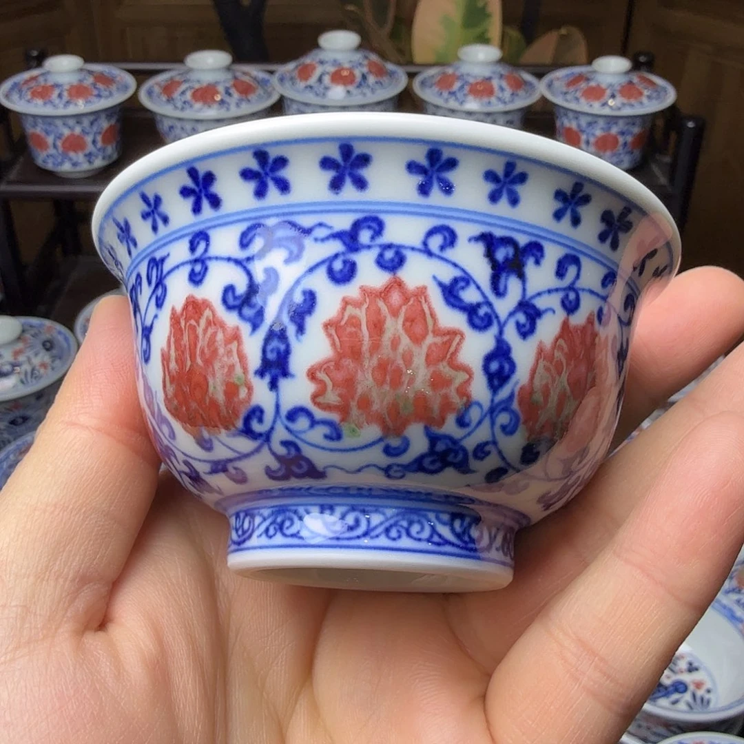 青花釉里红双狮红包翠压手杯