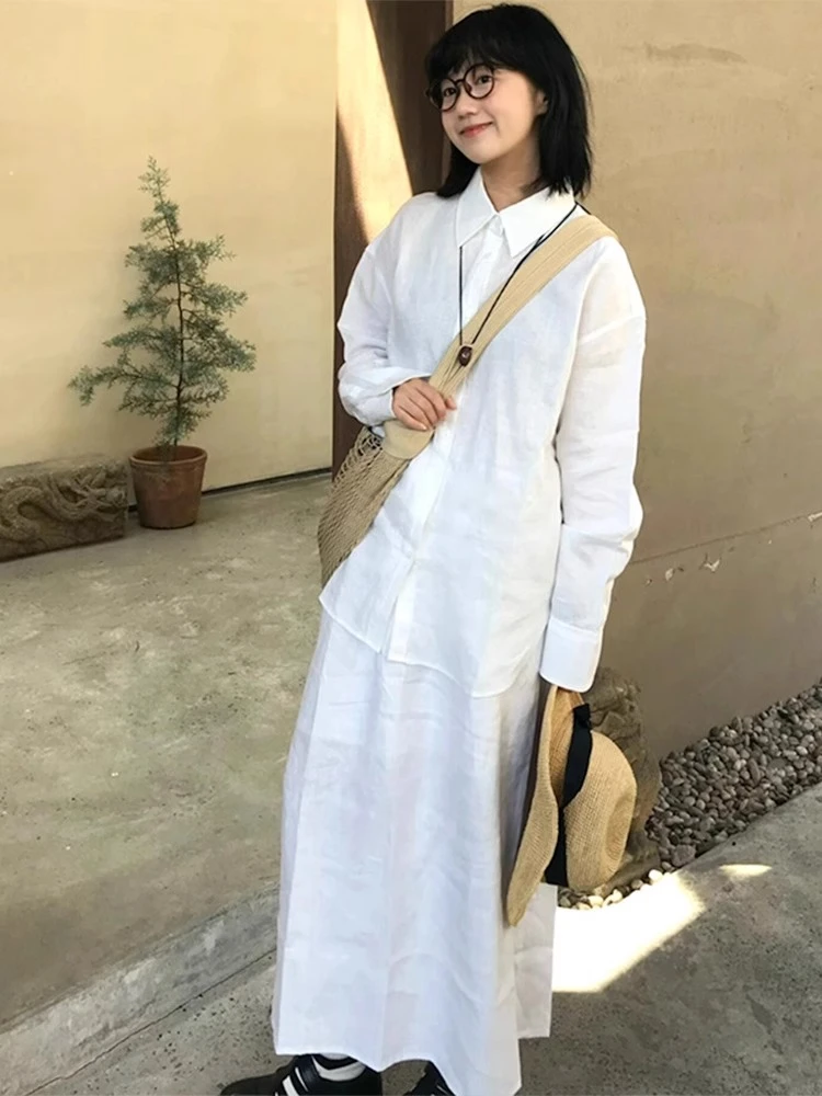休闲高级感亚麻衬衫套装裙女夏季慵懒风宽松防晒衬衣半身裙两件套