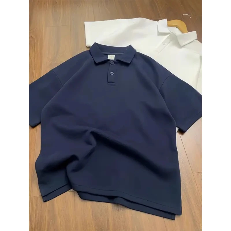 藏青色重磅复古polo衫半袖男款夏季痞帅正肩上衣宽松半袖翻领短袖