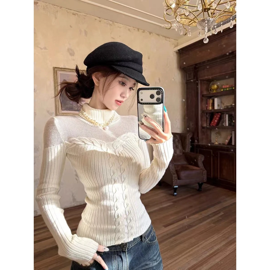 港式小香风收腰显瘦打底针织衫上衣女秋冬半高领镂空麻花套头毛衣