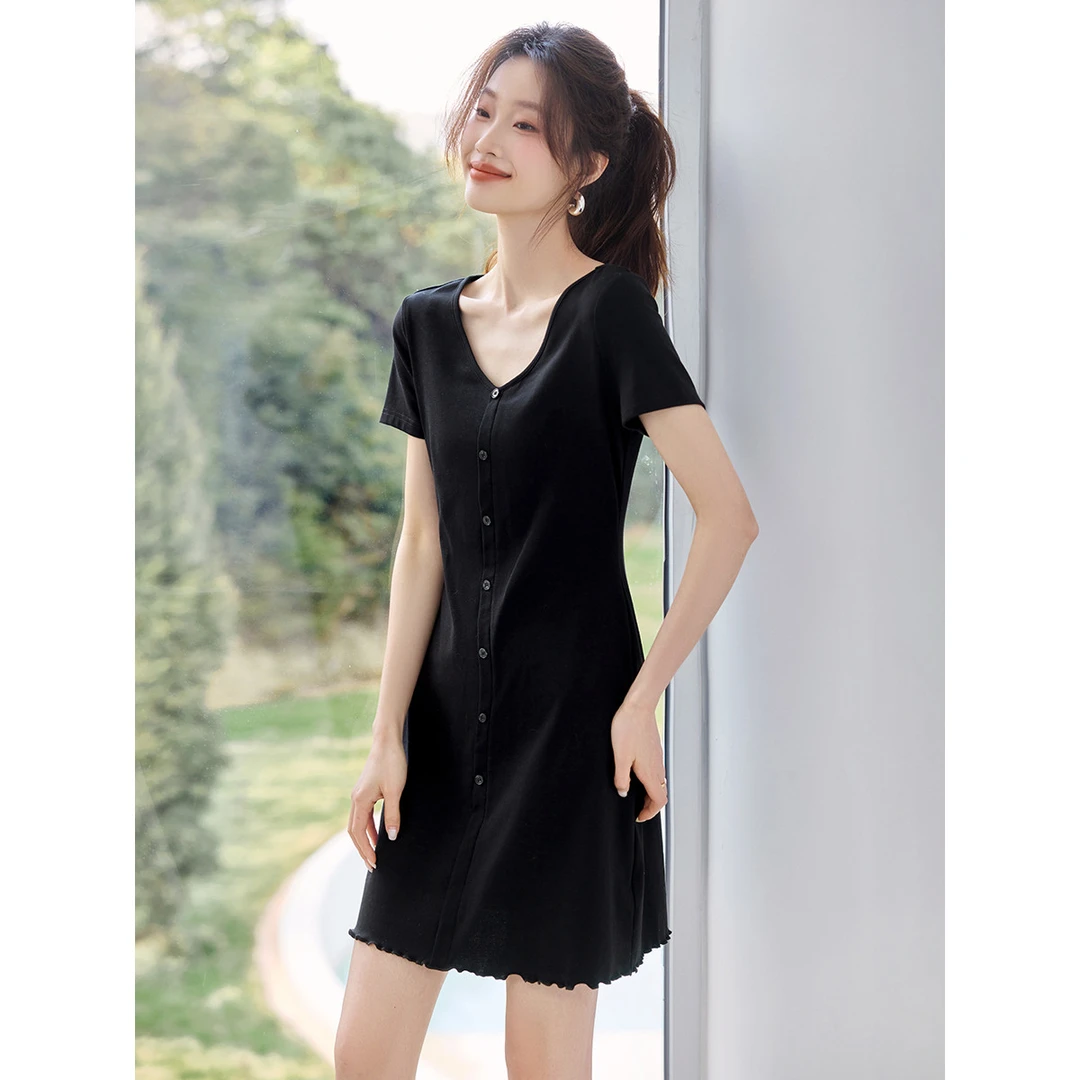 收腰针织连衣裙女夏季2025新款减龄显瘦高腰小黑裙洋气质时尚短裙