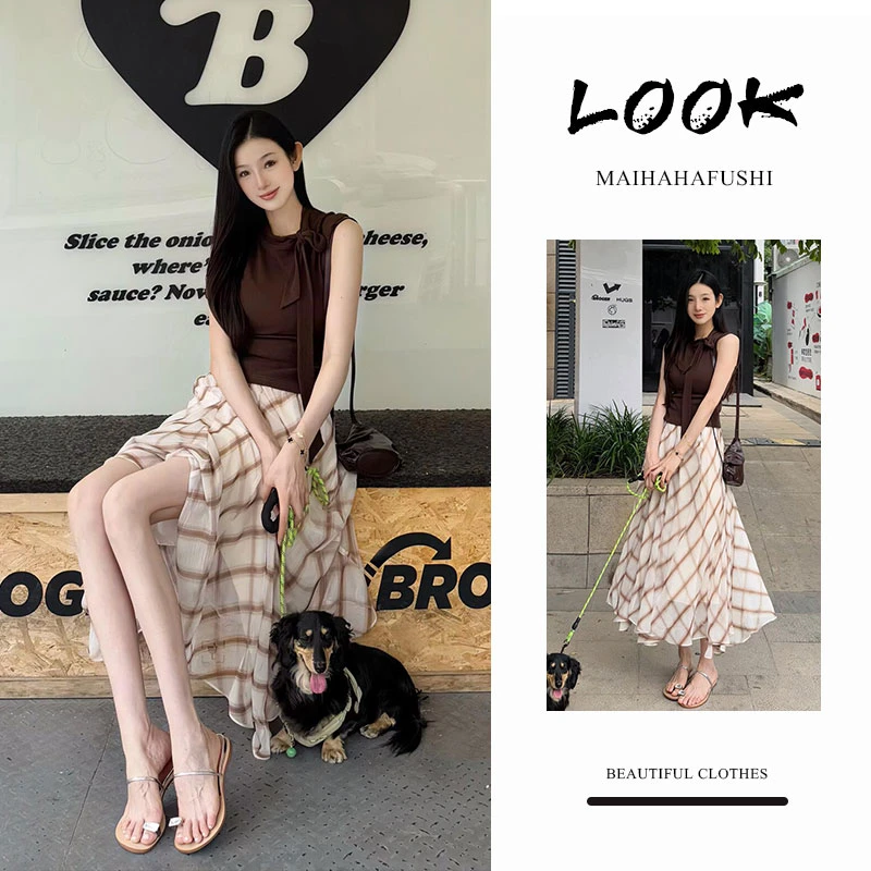 夏季一整套女装2025新款韩版气质显瘦无袖上衣格纹半身裙两件套装