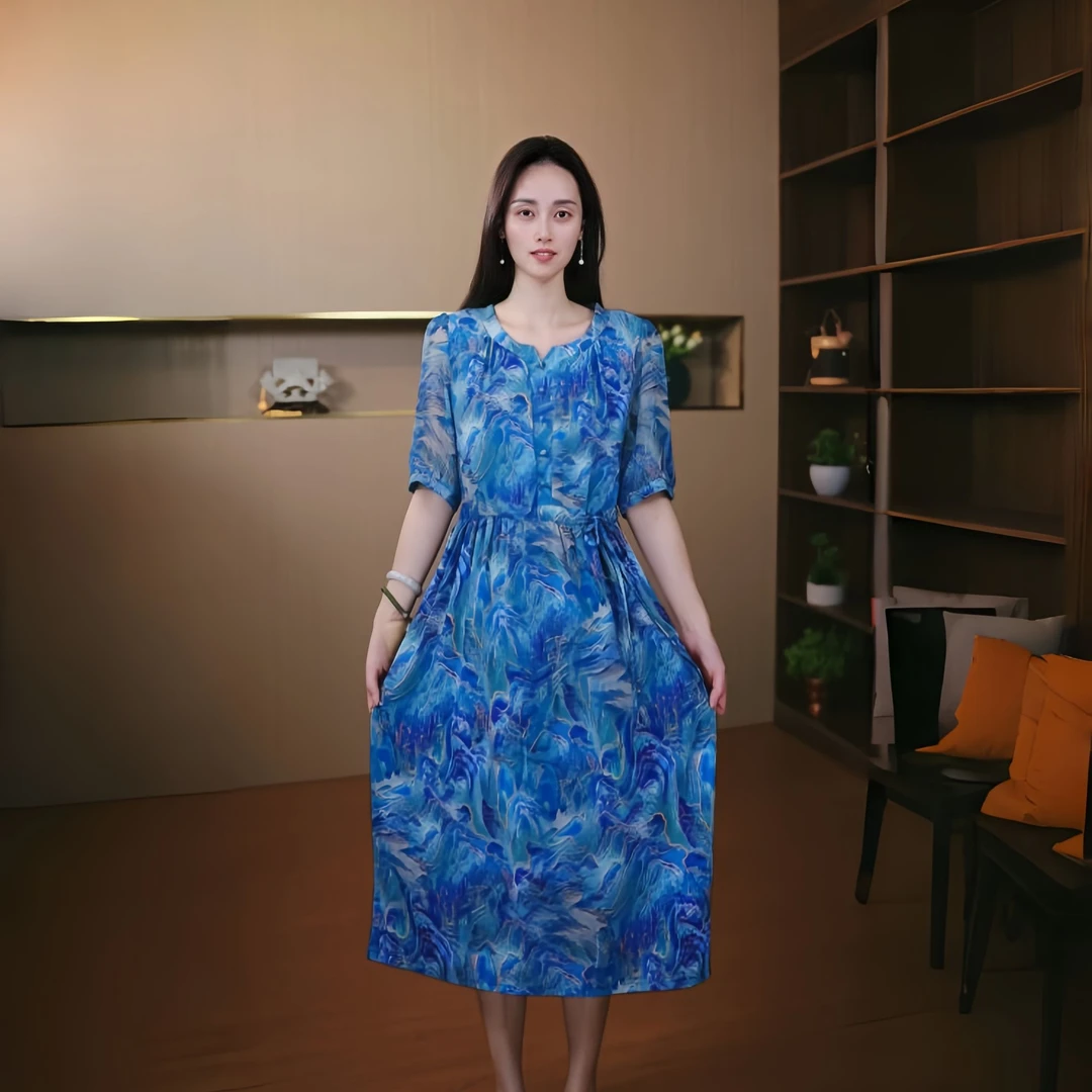 10180-夏季新款山水画时尚收腰休闲气质连衣裙妈妈装【依】