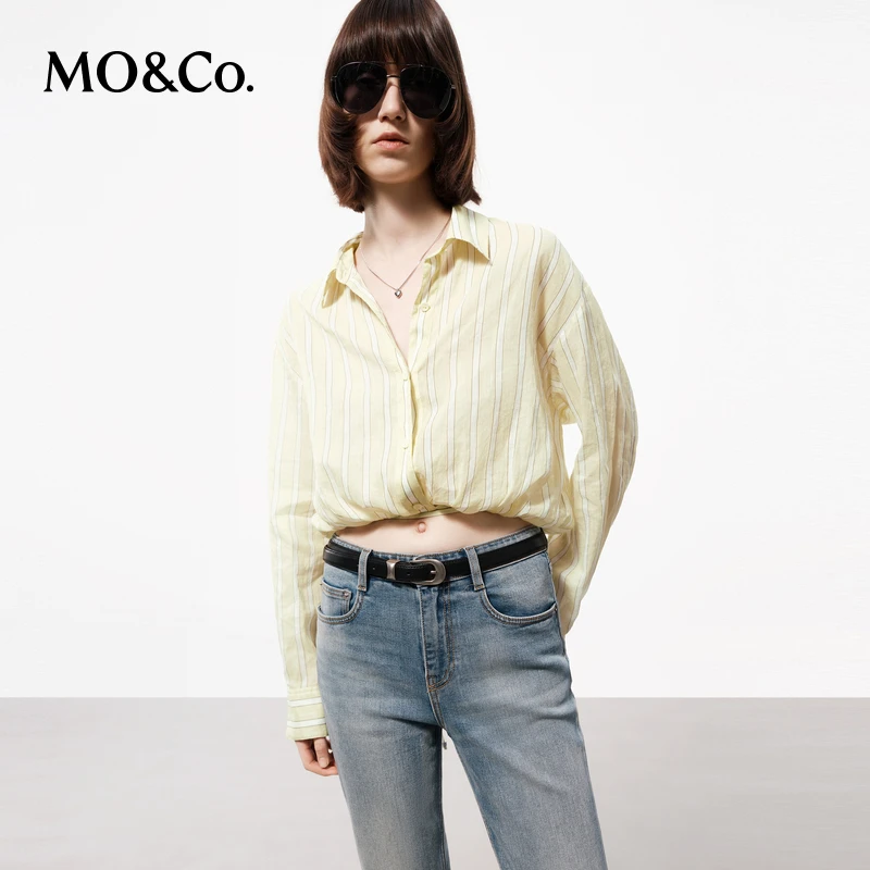 【达人专属】MOCO夏苎麻棉质绑带短款轻薄条纹衬衫上衣MBD2TOP011