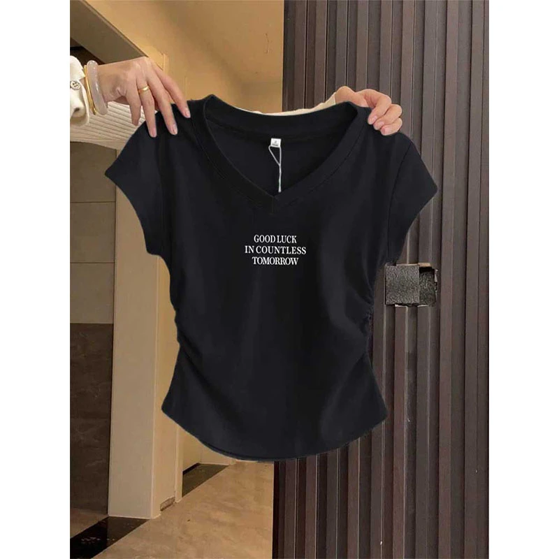 欧货正肩V领黑色短袖t恤女2025新款设计感收腰显瘦修身上衣夏季潮