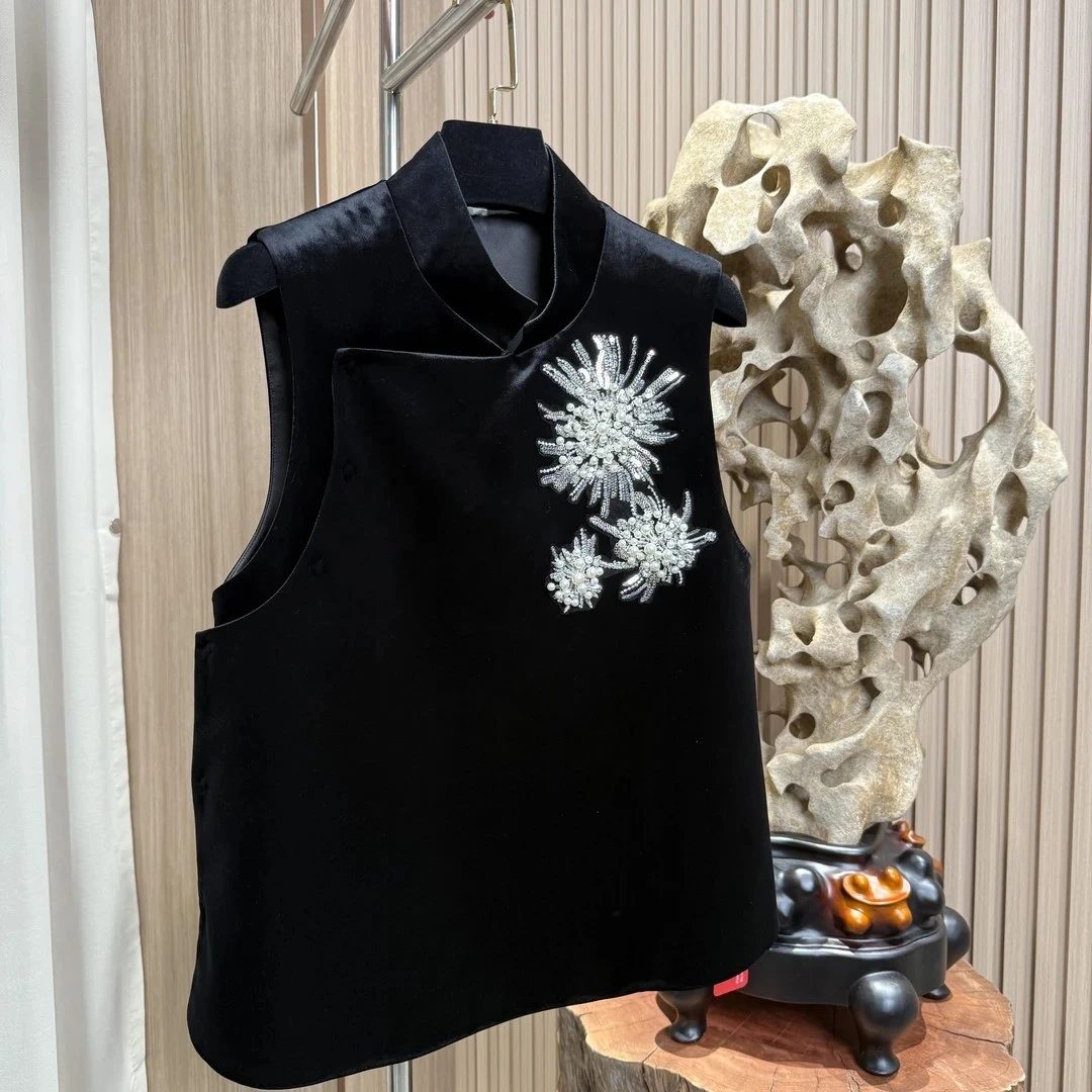 F新中式黑丝绒马甲背心女国风珠花高端提花唐装盘扣坎肩