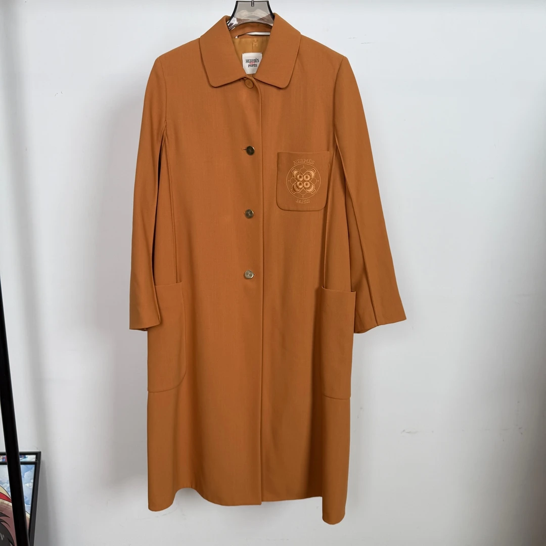 99新 Hermes/爱马仕 橙色中长款羊毛大衣 S码 GM005002