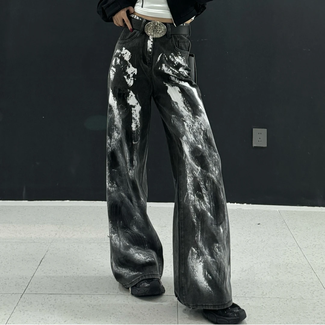 娱娱女装春装新款时尚百搭油漆阔腿牛仔裤