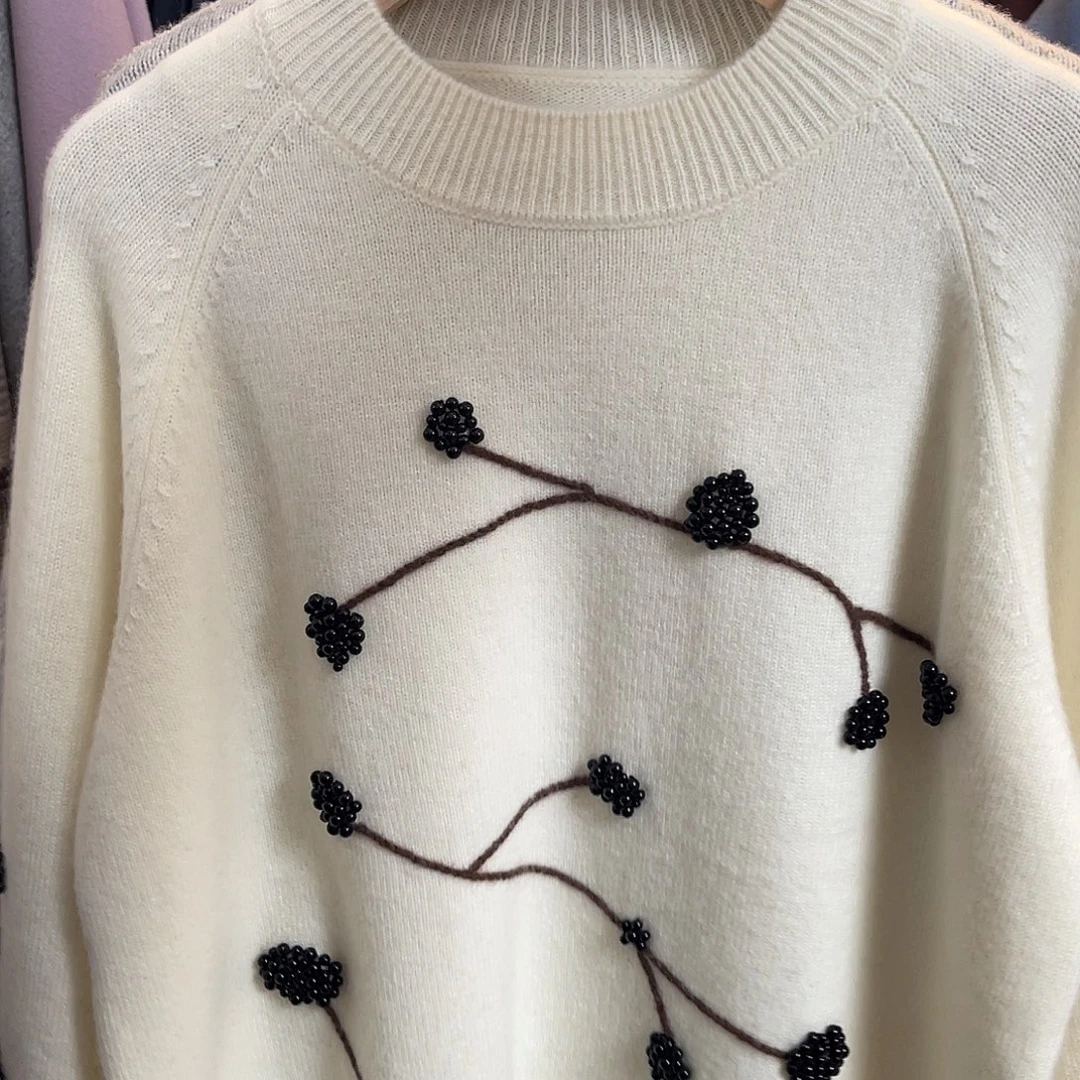 葡萄 珠珠 圆领 羊绒衫