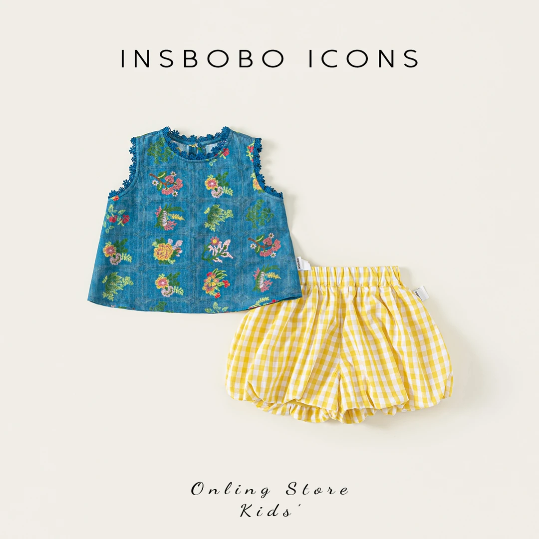 INSbobo儿童套装圆领复古印花花边背心松紧腰格子花苞短裤XT25416