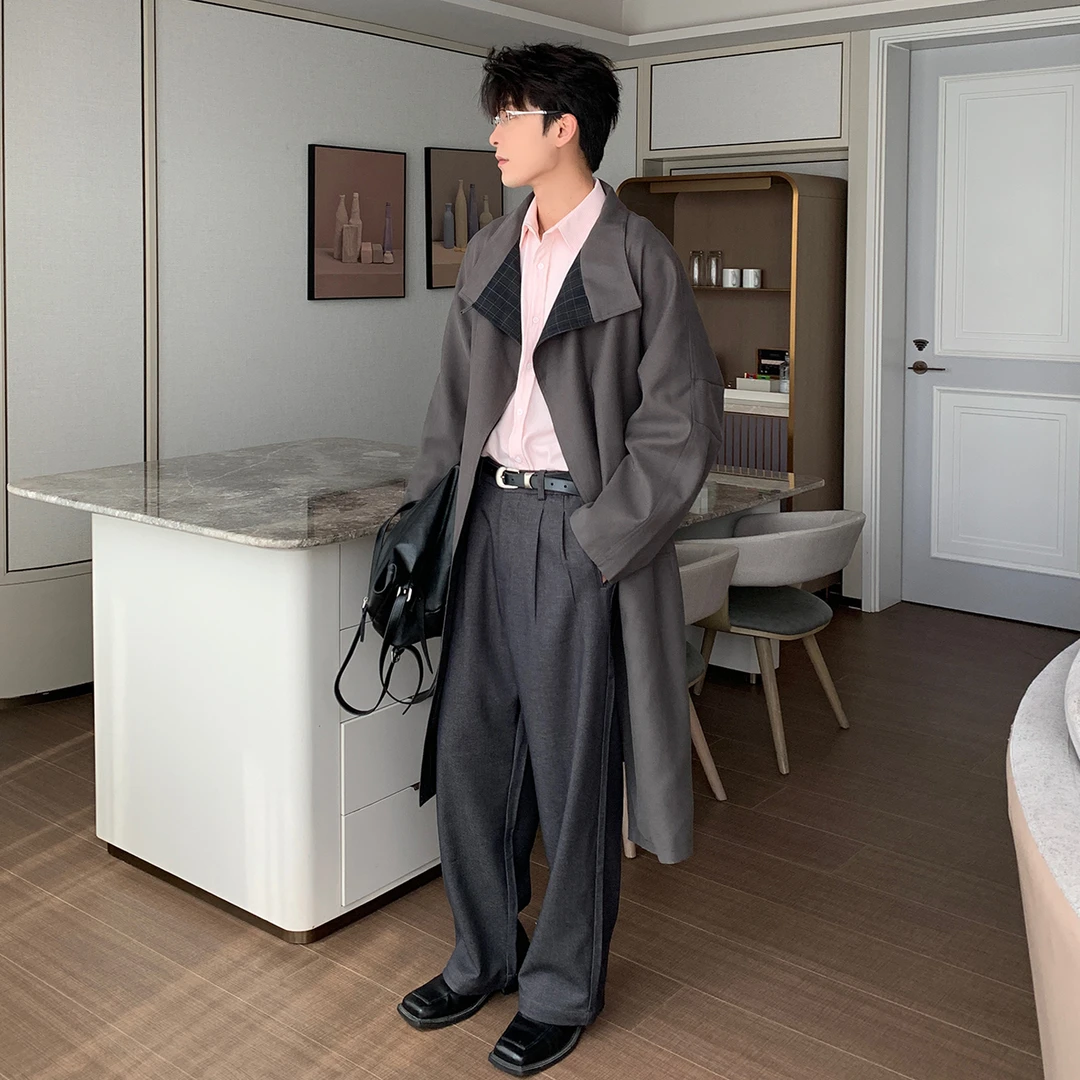 一轩轩轩【叠搭BUFF】秋冬设计感格子拼接中长款过膝风衣外套630028