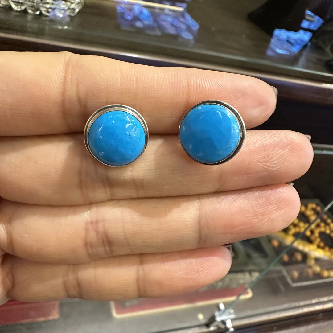 925银莫桑石耳饰 925银手工包边蓝色圆形耳钉