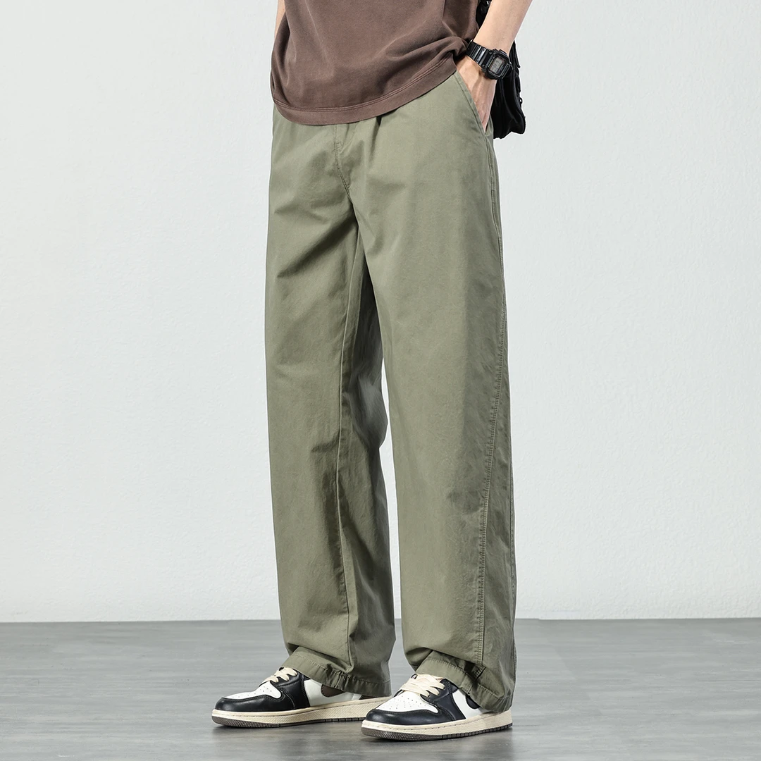 纯棉阔腿直筒休闲裤男士2025夏季简约纯色通勤百搭宽松垂感长裤男