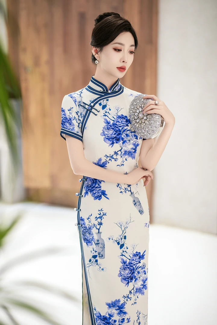 金矿矿5565重工裁剪长款八扣旗袍/M-5XL/衣长125CM/气质春修身