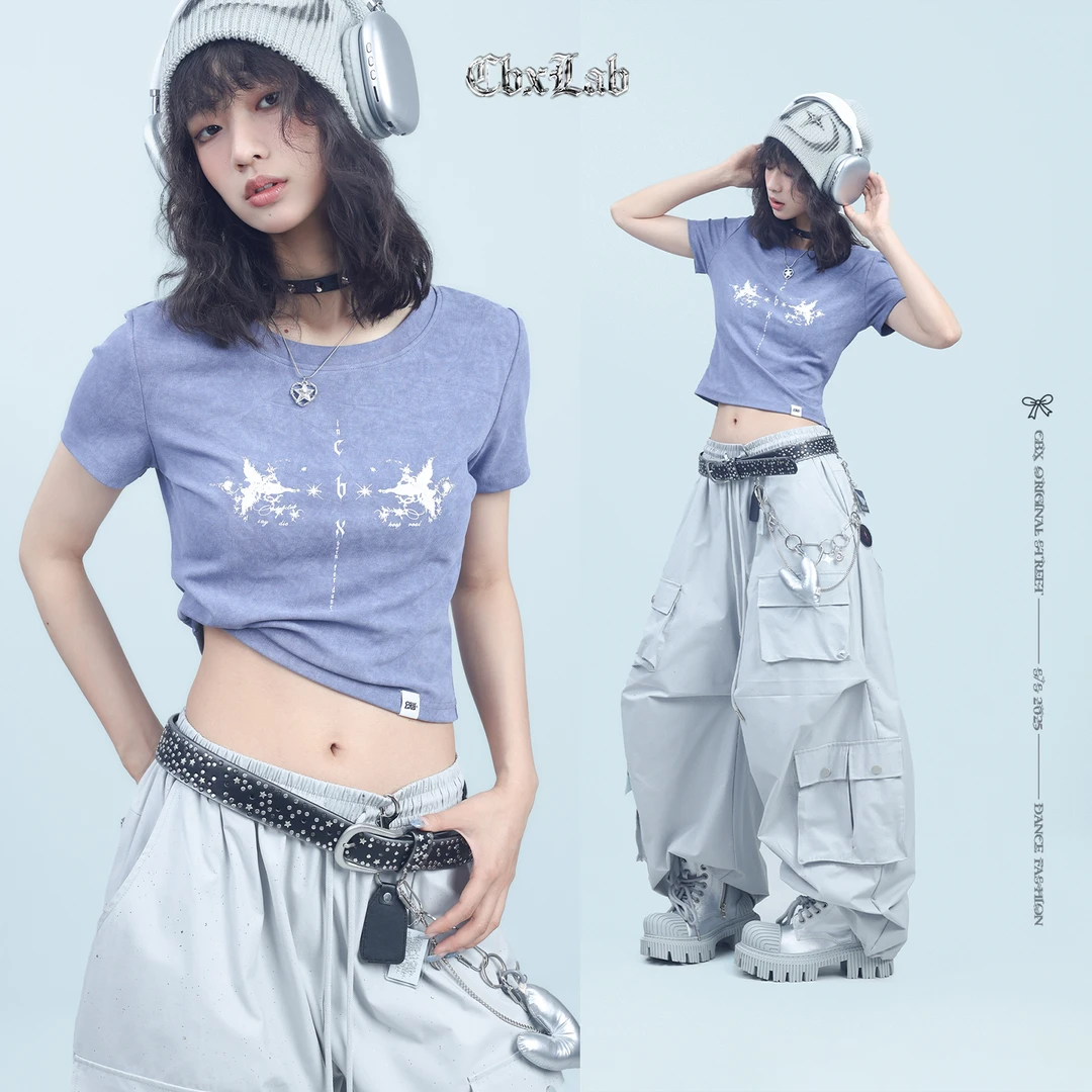 CBXLAB街舞潮牌轻亚竹银丝蜡染小衫晕染做旧正肩显瘦修身短袖女