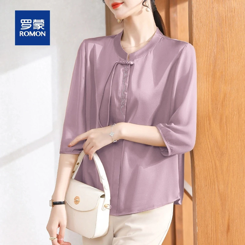 罗蒙妈妈夏装雪纺小衫洋气国风气质上衣2025新款中老年女装衬衫薄