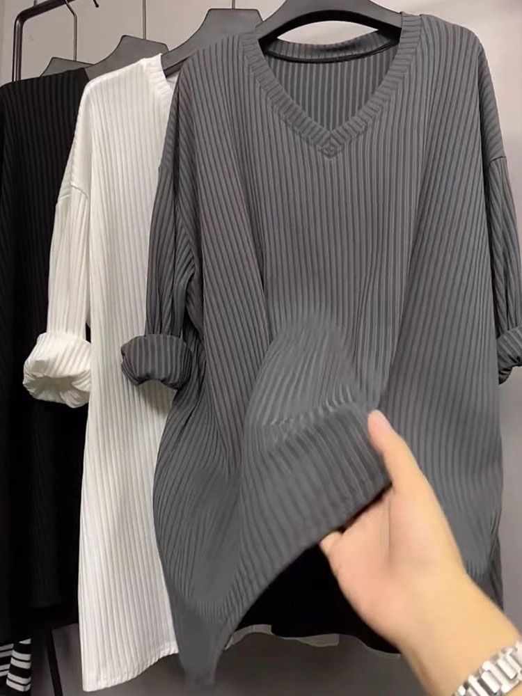 秋冬2-300斤胖mm大码正肩长袖T恤条纹中长款上衣打底女款休闲t恤